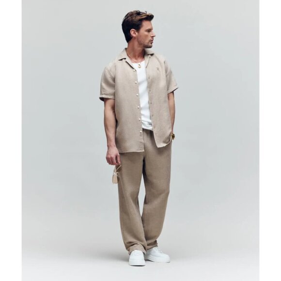 Psycho Bunny | Windcrest Linen Blend Short Sleeve Shirt In Jute - Picture 3 of 15